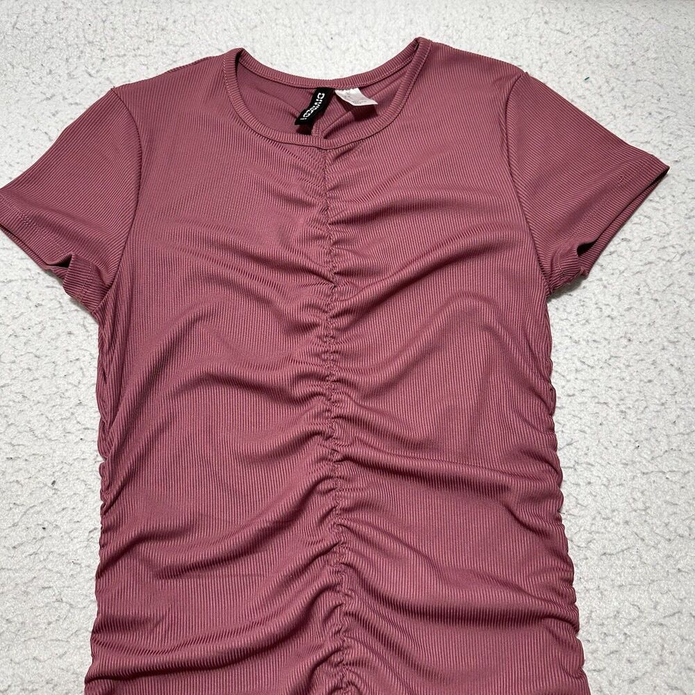 H&M Divided Womens Medium Pullover Purple Short Sleeve Ruched Mini Dress Stretch - Picture 2 of 12